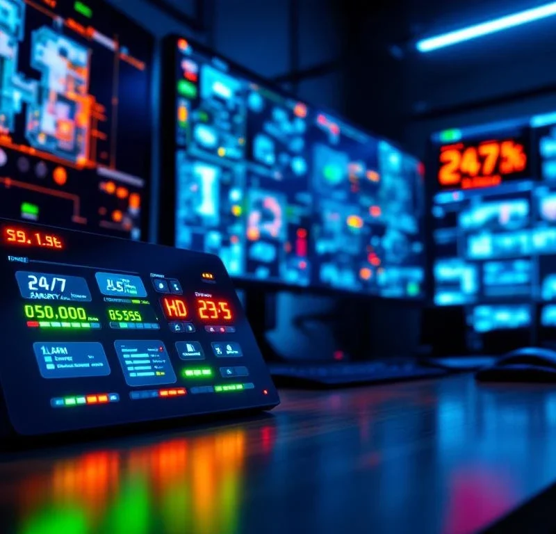 Beveiligingscontrolekamer met HD-monitoren, alarmsysteem interfaces, camerafeed en verlichte controlepanelen voor 24/7 bewaking