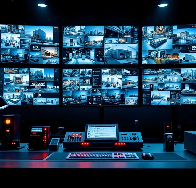 Beveiligingscontrolekamer met HD-monitoren die kantoren, magazijnen en winkels tonen, plus toegangscontrole-apparatuur
