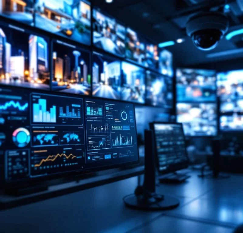 Beveiligingscontrolekamer met HD-monitors, live bewakingsbeelden en realtime beveiligingsanalyses op digitale dashboards