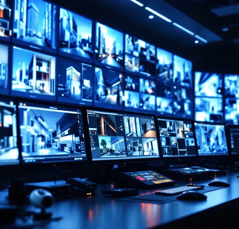 Moderne beveiligingscontrolekamer met surveillance monitors, verlichte bedieningspanelen en professionele bewakingsapparatuur