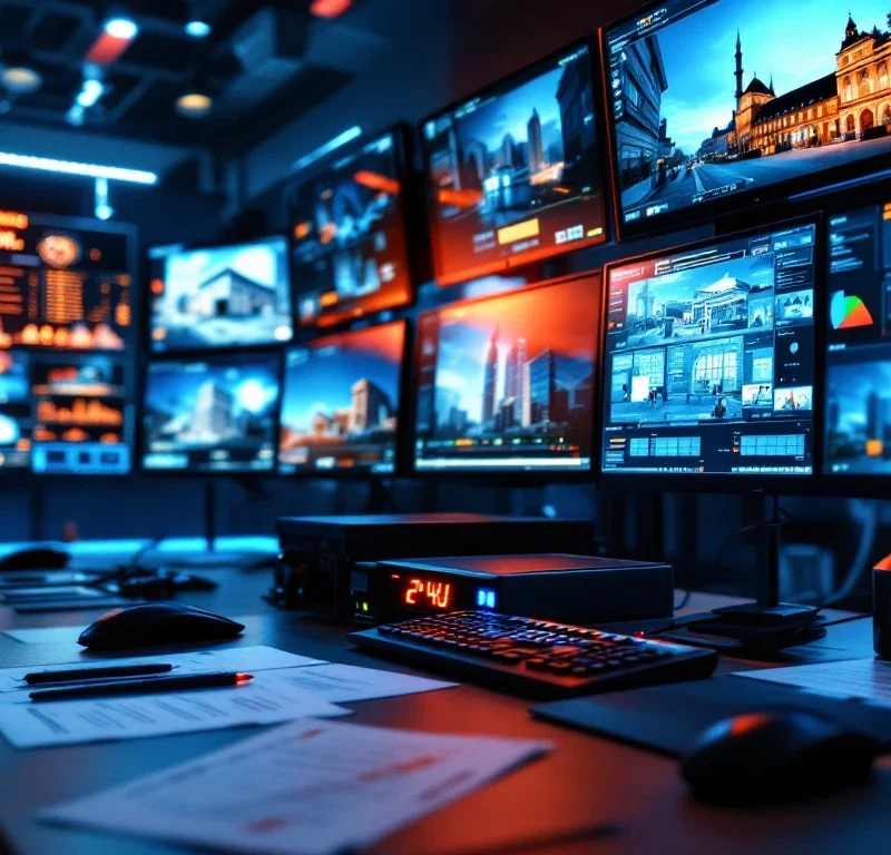 Beveiligingscentrale met HD-bewakingsmonitoren, professionele beveiligingsapparatuur en tijdelijke dienstregelingen
