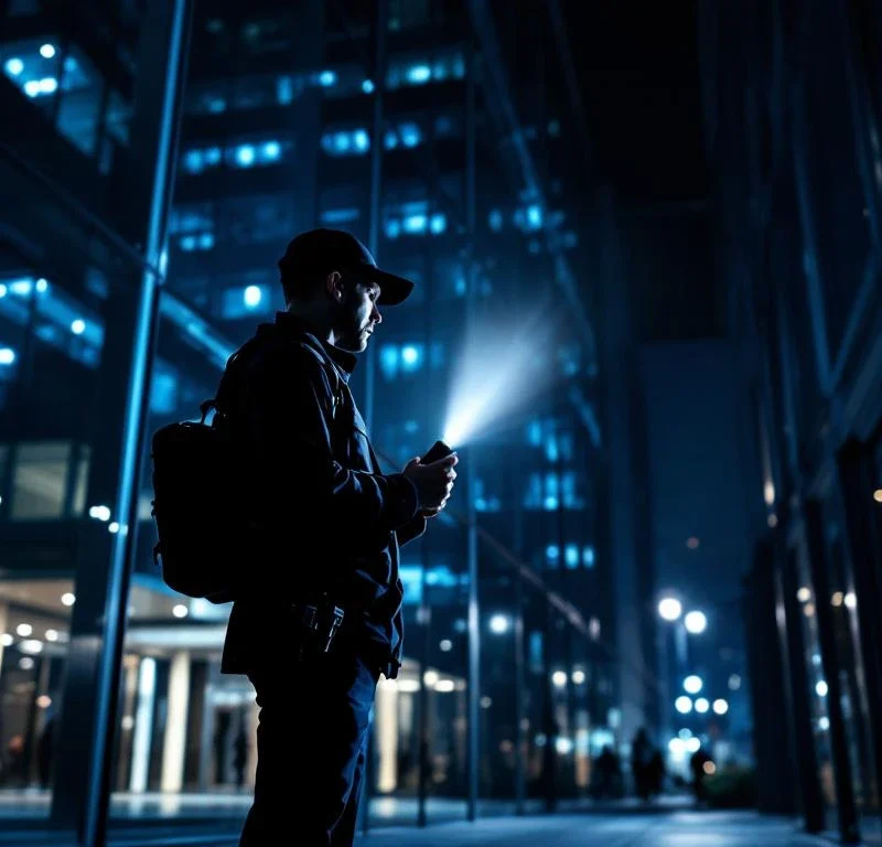 Beveiligingsbeambte van Marshall Security bij kantoorgebouw 's nachts met zaklamp en radio communicatie