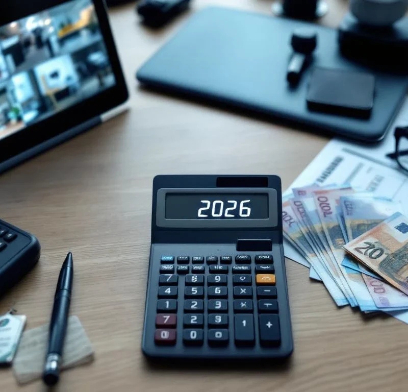 Calculator toont "2026" op modern bureau met eurobiljetten, beveiligingsdocumenten en professionele beveiligingsapparatuur