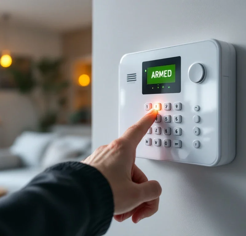 Witte beveiligingsalarm paneel op muur met groene "ARMED" status lamp, hand reikt naar toetsenblok in huis interieur