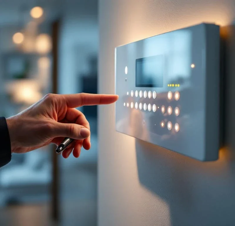 Professionele hand wijst naar wit beveiligingspaneel met LED-indicatoren, eurobiljetten op voorgrond in moderne woning