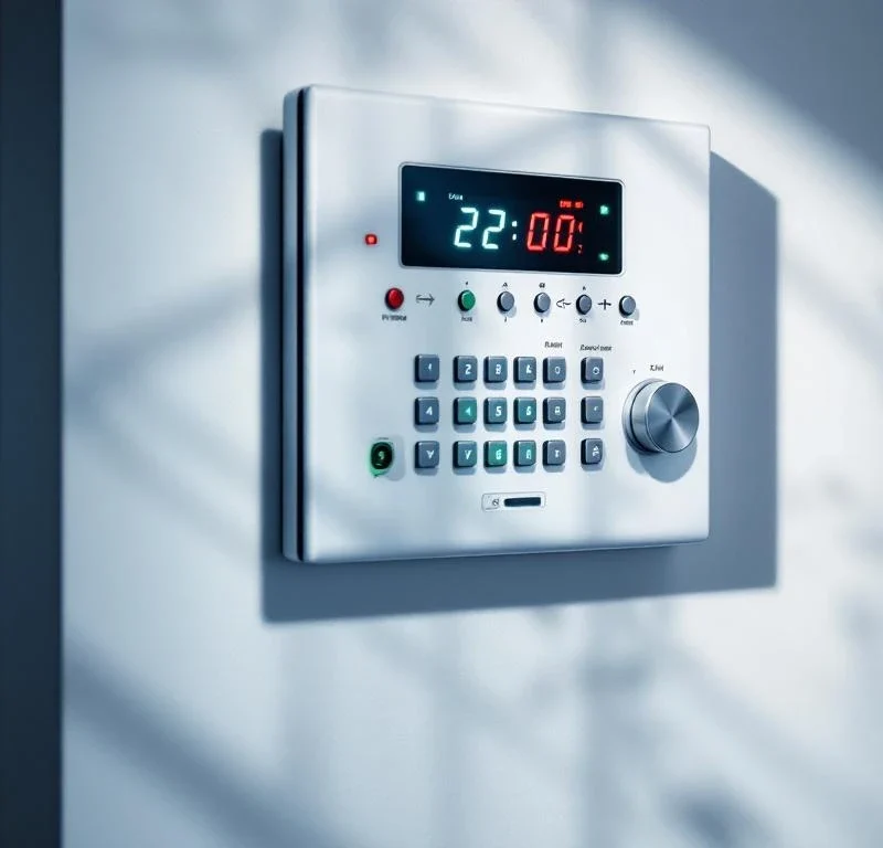 Professioneel beveiligingspaneel op witte muur met verlichte LED-indicatoren, metalen knoppen en digitaal display