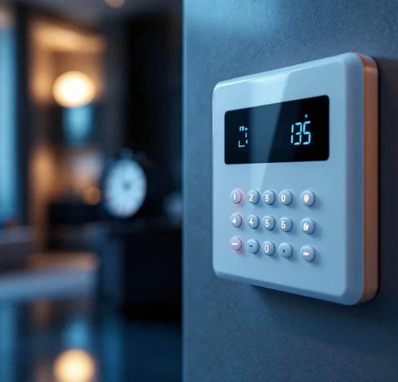 Wit beveiligingspaneel met LED-indicatoren en digitaal display in modern interieur met warme verlichting