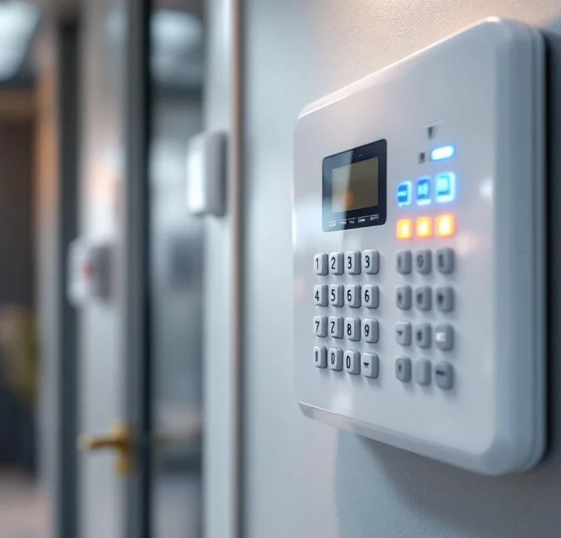 Moderne witte beveiligingspaneel op muur met verlichte LED-indicatoren, cijfertoetsen en digitaal display