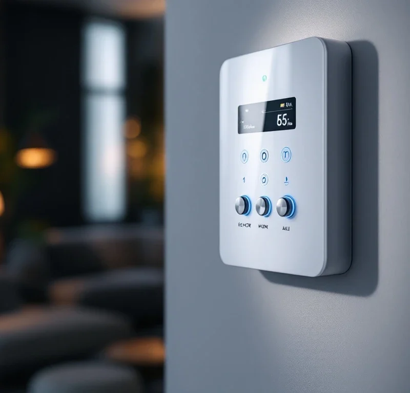 Wit beveiligingspaneel met blauwe LED-indicatoren en smartphone met beveiligingsapp in moderne woning