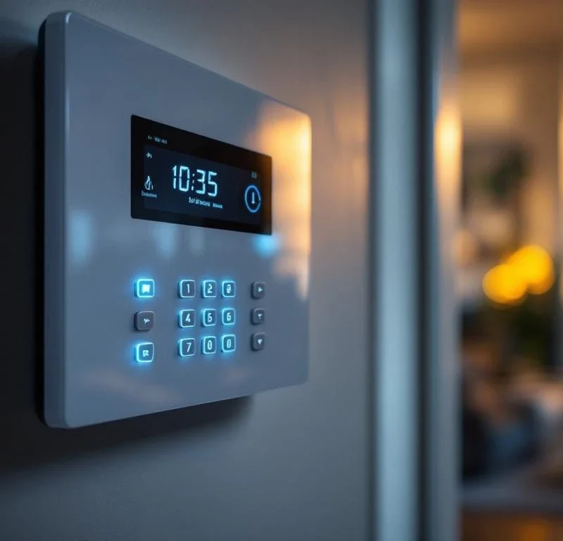 Moderne witte beveiligingspaneel op muur met LED-indicators, digitaal toetsenbord en touchscreen in woonhuis