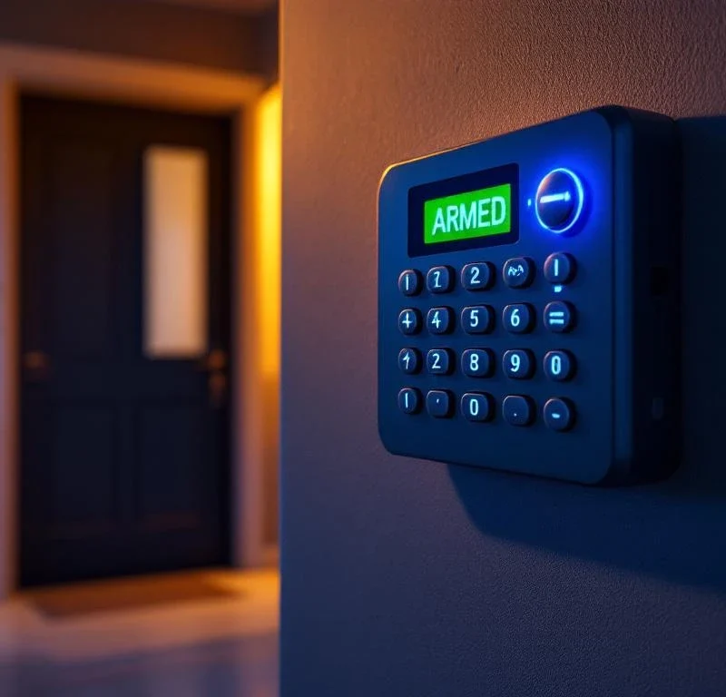 Beveiligingsalarm bedieningspaneel op muur met groene "INGESCHAKELD" indicator, deursensoren en bewegingsmelders zichtbaar