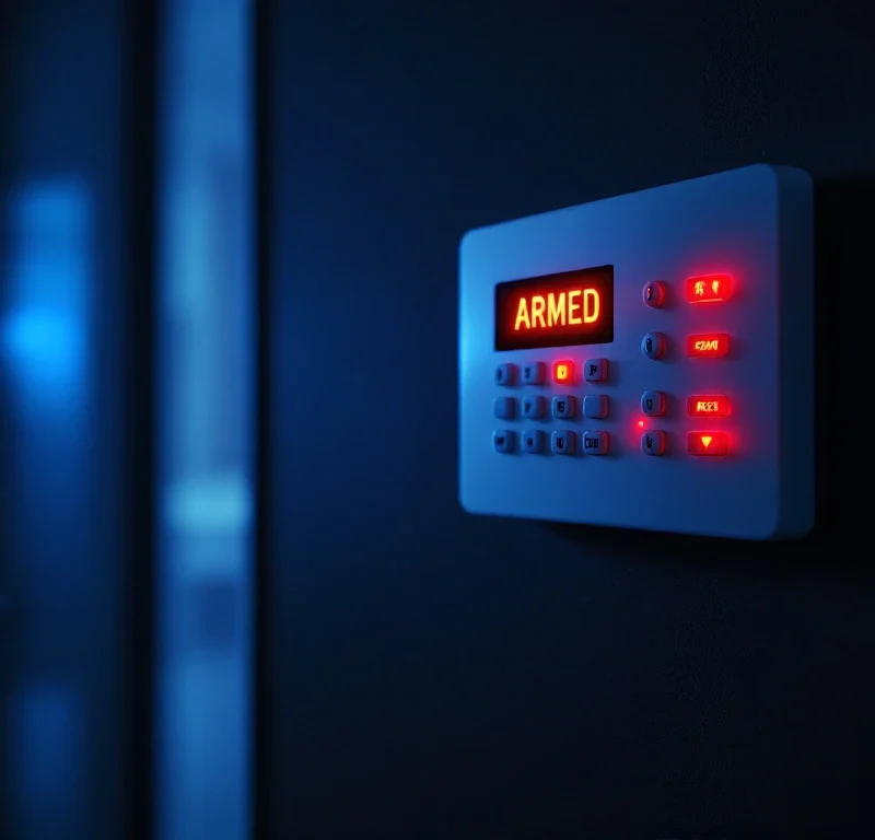 Beveiligingsalarm bedieningspaneel op donkere muur met rode waarschuwingslampjes en "ARMED" status display