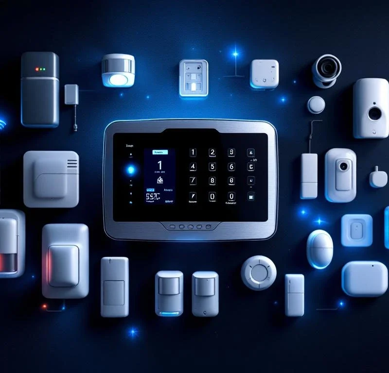 Moderne beveiligingspaneel omringd door bewegingssensoren, camera's en keypad met blauwe LED-verlichting