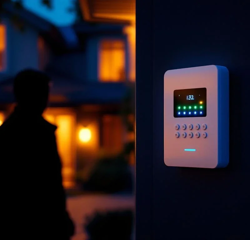 Wit beveiligingspaneel met LED-indicatoren naast voordeur van modern huis bij schemering, schaduwfiguur nadert eigendom