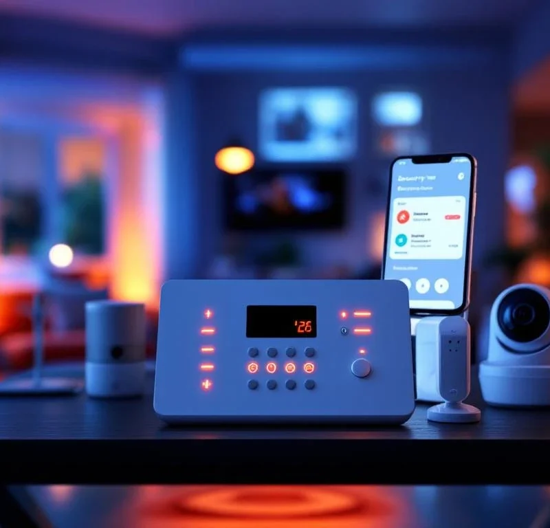 Moderne beveiligingspaneel met LED-indicatoren en smartphone met beveiligingsapp in huiselijke omgeving