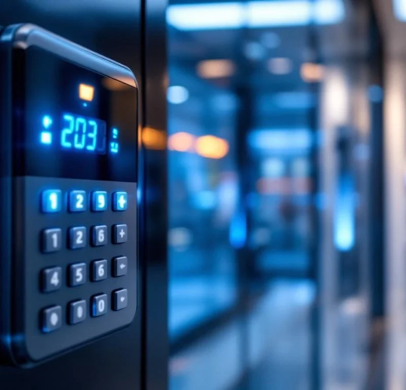 Moderne beveiligingskeypad met blauwe LED-indicatoren bij glazen kantoorgebouw ingang met beveiligingscamera's