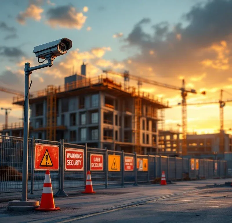 Bouwplaats bij zonsondergang met beveiligingscamera, hekken en waarschuwingsborden rond modern gebouw in aanbouw