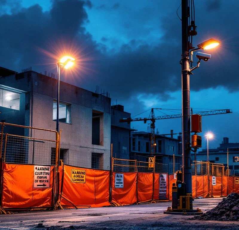 Beveiligingscamera op bouwplaats met LED-verlichting, veiligheidshekken en waarschuwingsborden bij schemering
