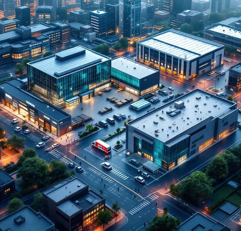 Luchtfoto van commerciële sectoren met zichtbare beveiligingselementen: kantoren, magazijnen, winkels en zorgfaciliteiten