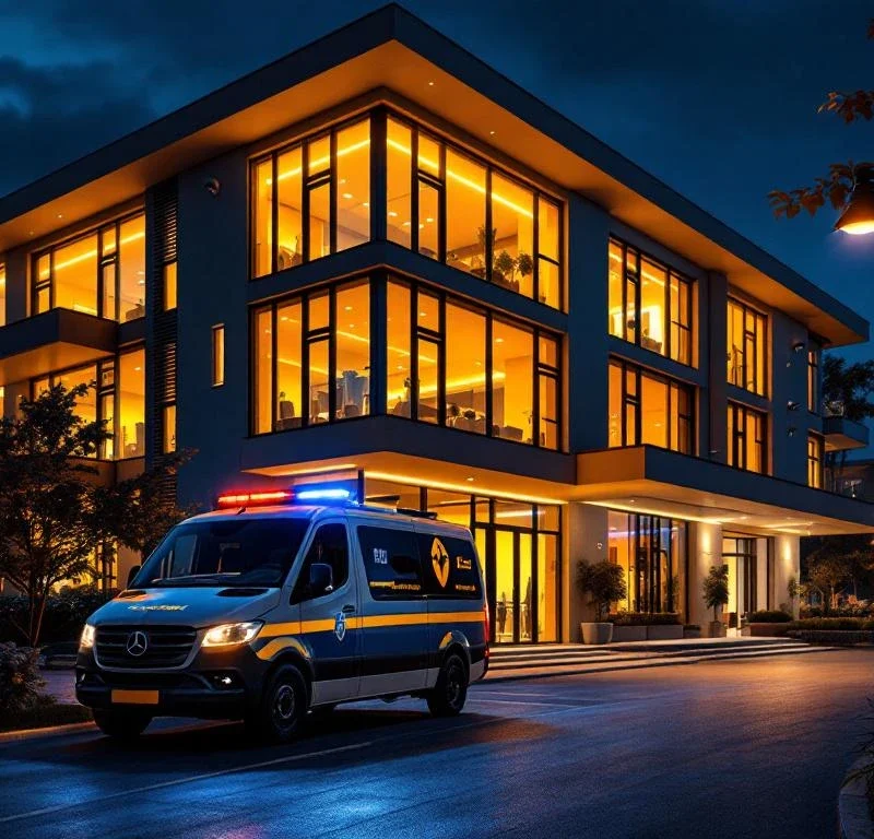 Modern kantoorgebouw 's nachts met beveiligingsvoertuig, camera's en verlichting voor 24/7 beveiliging