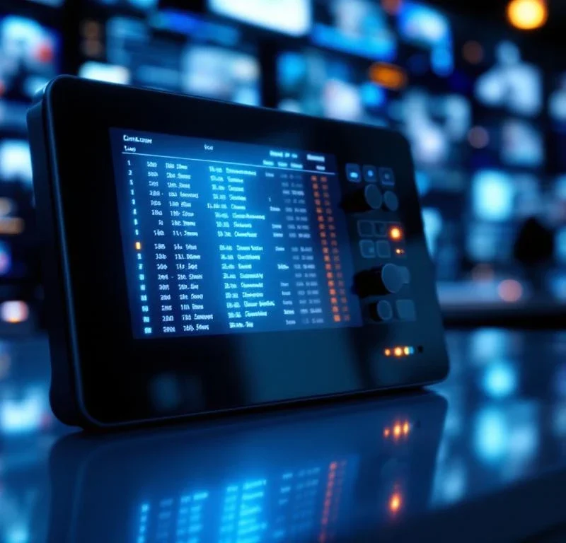 Moderne digitale beveiligingspaneel met gloeiend LCD-scherm dat logboekgegevens toont, omringd door LED-indicatoren