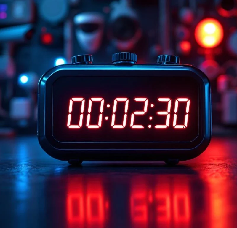 Digitale stopwatch toont 00:02:30 tegen donkere achtergrond met beveiligingscamera's en noodverlichting