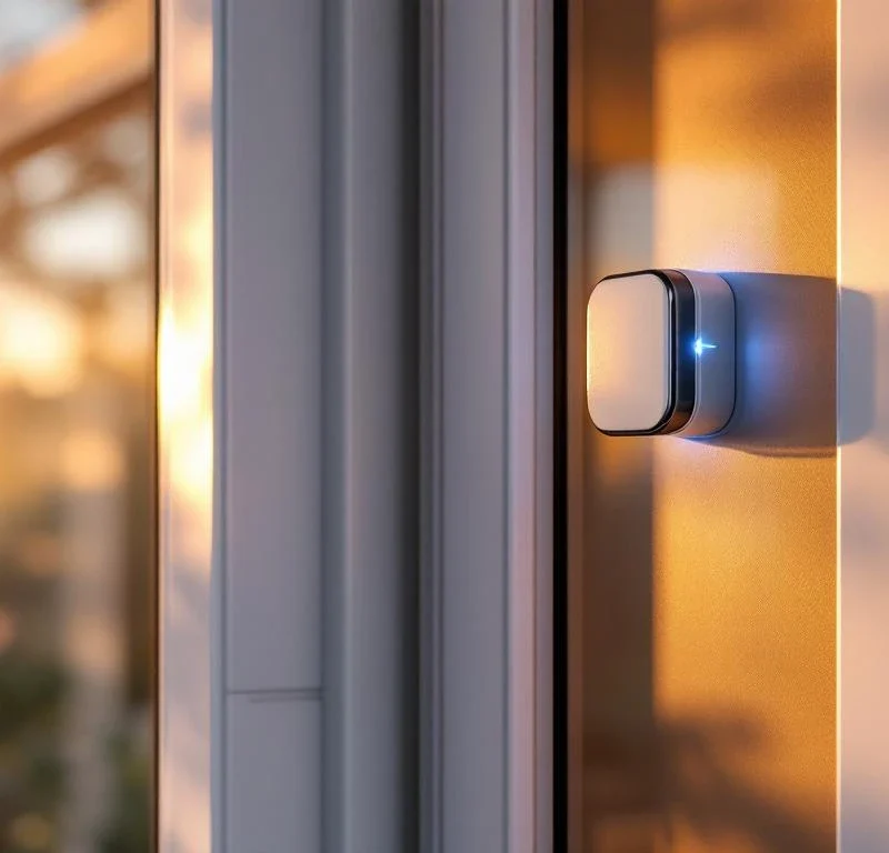 Moderne witte voordeur met draadloze alarmsensor en blauw LED-licht, beveiligingssysteem geïntegreerd in huisarchitectuur