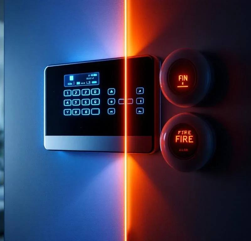 Gesplitst scherm toont moderne inbraak- en brandalarmsystemen met blauwe en oranje verlichting in huis