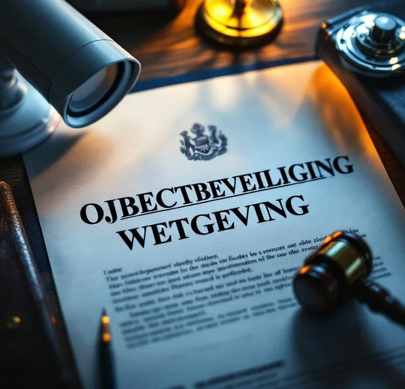 Officieel juridisch document met "OBJECTBEVEILIGING WETGEVING" omringd door beveiligingsapparatuur en wetboeken