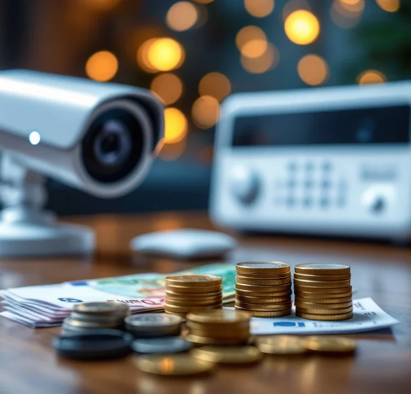 Euro bankbiljetten en munten op houten bureau met beveiligingscamera en alarmsysteem op achtergrond
