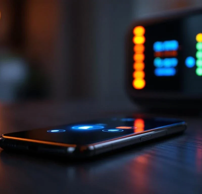 Smartphone met beveiligingsapp op houten tafel, met blauw-oranje iconen en alarmsysteem paneel op achtergrond