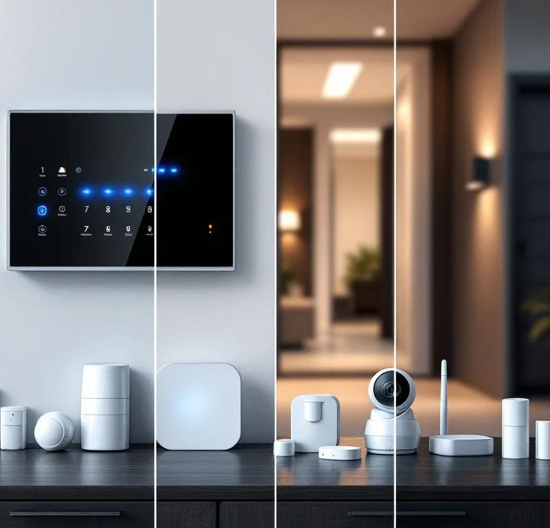 Draadloos alarmpaneel en camerasysteem met bewegingsdetectors en slimme keypads voor thuisbeveiliging