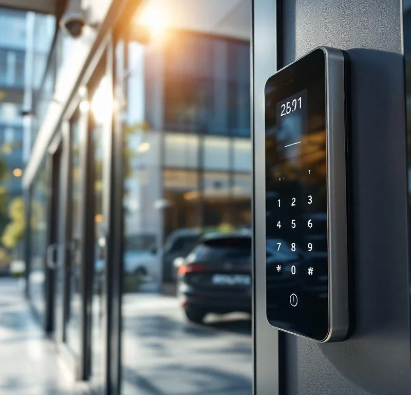Elektronisch toegangssysteem met keypad bij moderne kantoorgebouw ingang met beveiligingscamera's en sensors