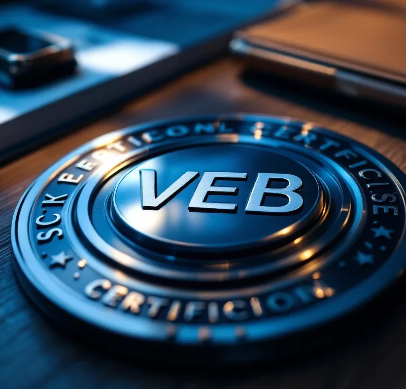 VEB certificeringsbadge op houten bureau met professionele documenten en beveiligingsfolder in blauw-zilver kleurenschema