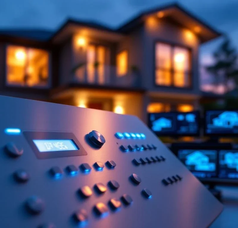 Moderne beveiligingspaneel met blauwe LED-indicatoren en monitorschermen voor huisbeveiliging bij schemering