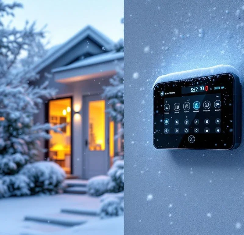 Winterbestendige alarmsysteem bedieningspaneel op besneeuwde muur van modern huis met beveiligingscamera's