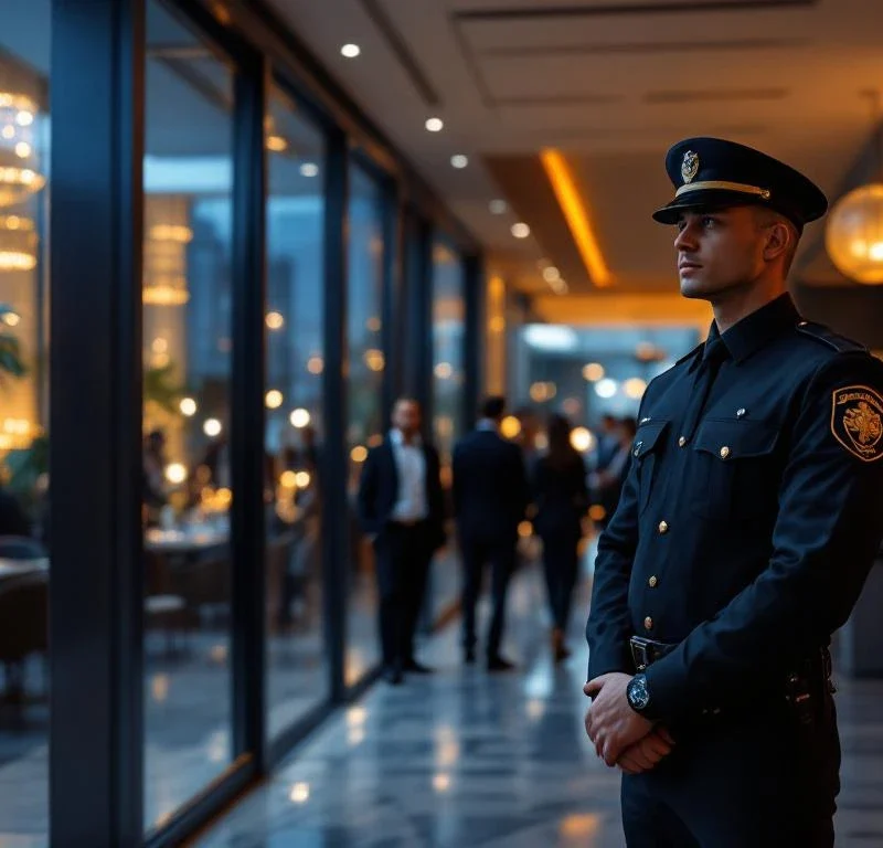 Professionele beveiligingsbeambte bij elegante zakelijke bijeenkomst in modern bedrijfspand met gasten op achtergrond