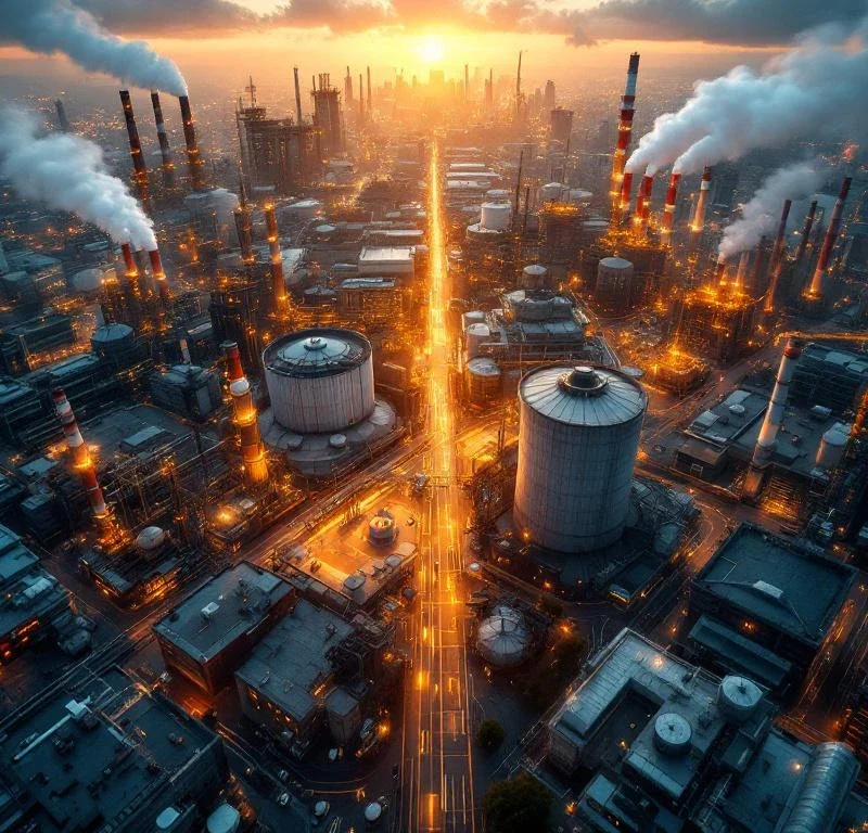 Luchtfoto van industriële stad met verschillende bedrijfssectoren, beveiligingscamera's en risicogebieden bij zonsondergang