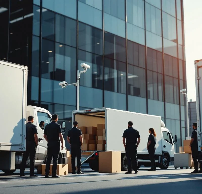 Beveiligingspersoneel bewaakt verhuiswagens tijdens bedrijfsverhuizing bij modern kantoorgebouw met glazen gevel