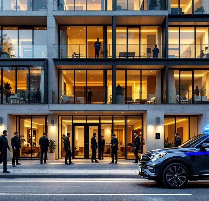 Modern appartementengebouw met beveiligingspersoneel, camera's en toegangscontrole bij ingangen, beveiligingsvoertuig op voorgrond