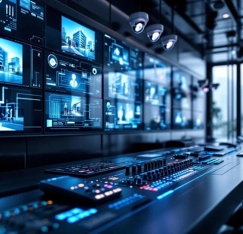 Moderne beveiligingscontrolekamer met monitors, camera's en geavanceerde bewakingssystemen voor gebouwbeveiliging