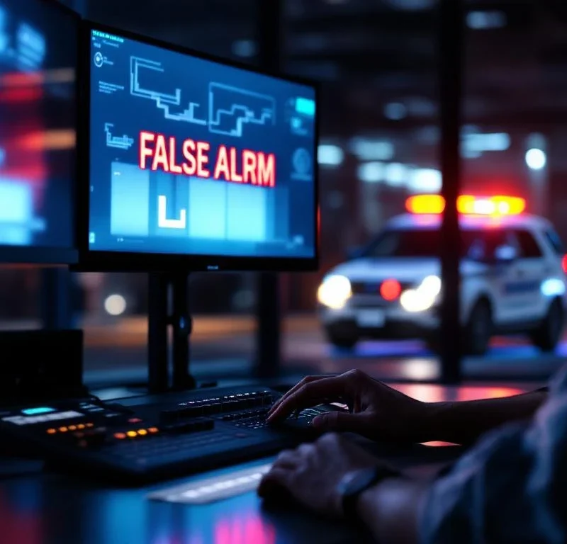 Beveiligingscontrolekamer met meerdere monitoren die 'FALSE ALARM' tonen, dispatcher aan bedieningspaneel, patrouillevoertuig vertrekt