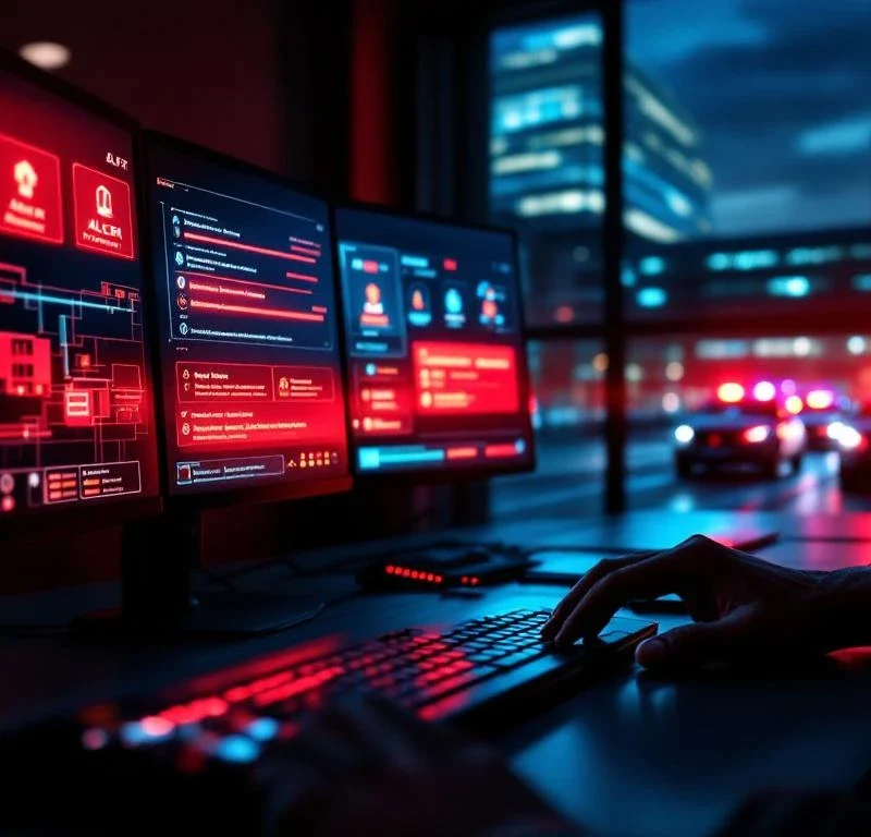 Beveiligingsmedewerker bedient alarmsysteem in controlecentrum terwijl Marshall Security voertuigen uitrukken naar noodoproep