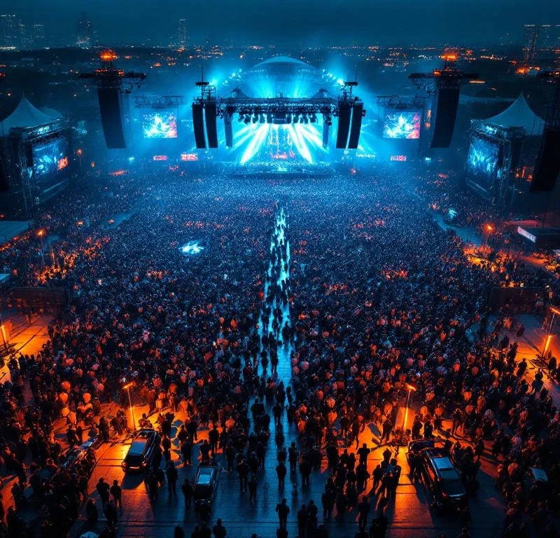 Luchtfoto van groot evenemententerrein bij schemering met menigte, beveiligingspersoneel en checkpoints