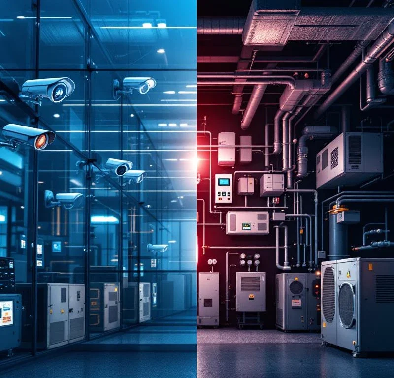 Modern kantoorgebouw met beveiligingscamera's en toegangscontrole die overgaat in HVAC- en onderhoudsapparatuur binnen
