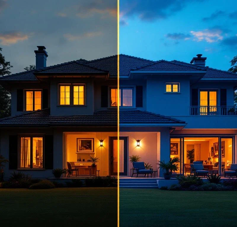 Luxe woning bij zonsondergang: links onbeveiligd met open raam, rechts beveiligd met camera's en sensoren