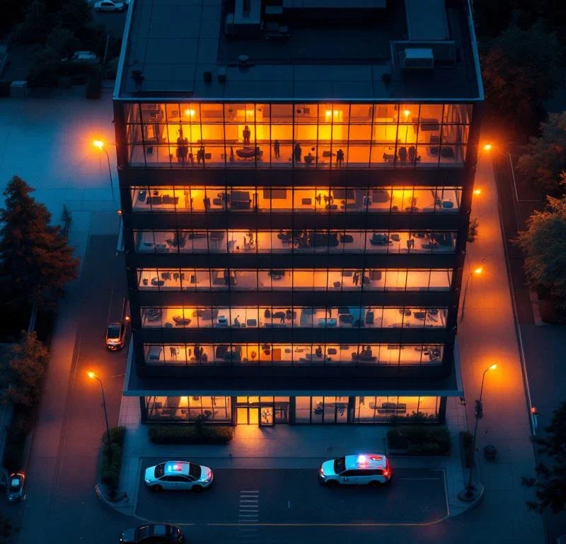 Modern kantoorgebouw bij schemering met beveiligingscamera's, sensoren en beveiligingsvoertuigen rondom het pand