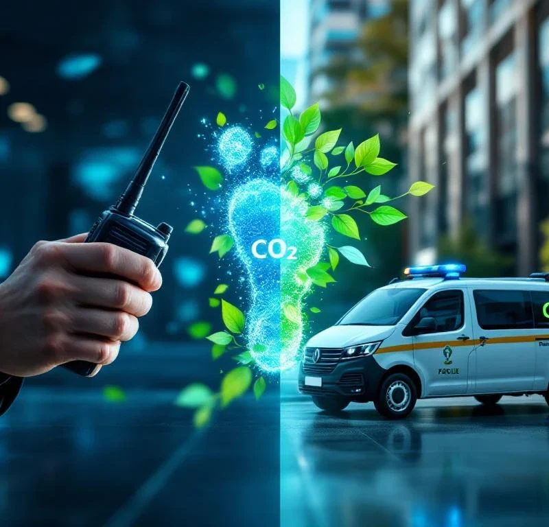 Beveiligingsagent met walkie-talkie naast elektrische patrouillewagen met zonnepanelen, CO2-molecuul lost op in groene bladeren