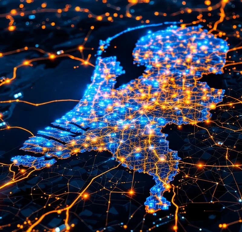 Luchtfoto van Nederland met beveiligingszones in blauw en oranje over Amsterdam, Rotterdam en Utrecht met patrouillevoertuigen