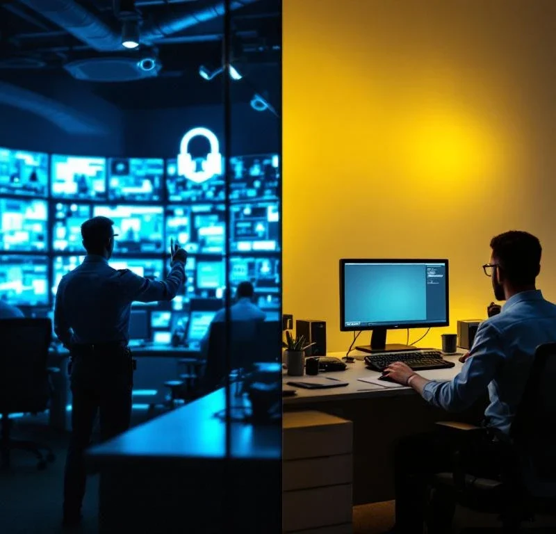 Professionele beveiligingscontrolekamer met moderne monitoren versus basis kantooropstelling met verouderde apparatuur
